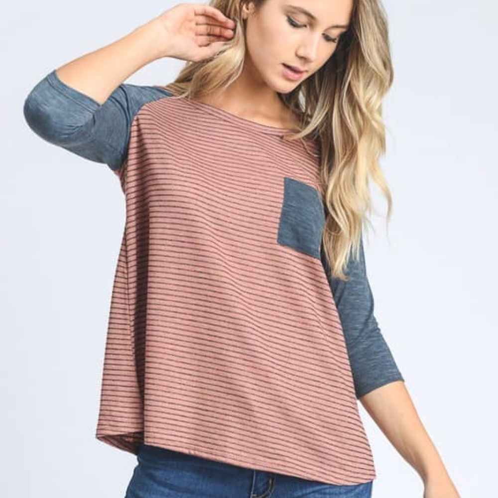 Knit Stripe Baseball Tea with Contrast Sleeves